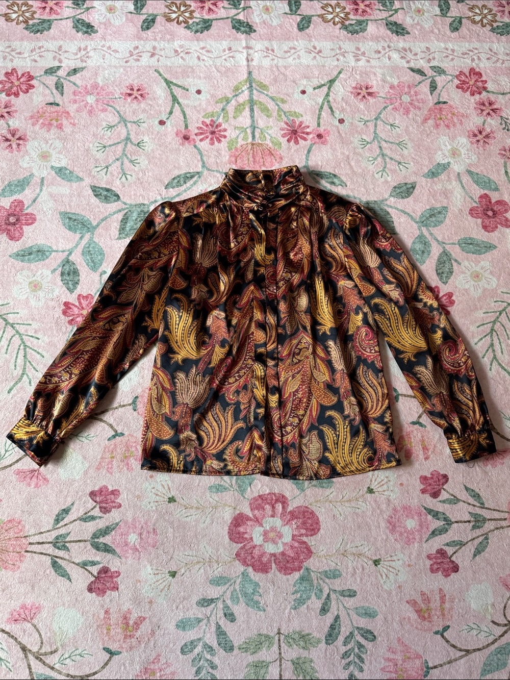 Vintage Fall Paisley Satin Blouse Mock Neck Collar Thanksgiving Autumn Medium